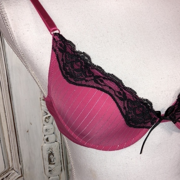 Rampage Intimates Pink with Metallic Stripes and Black Lace Trim Padded Bra - Picture 2 of 9